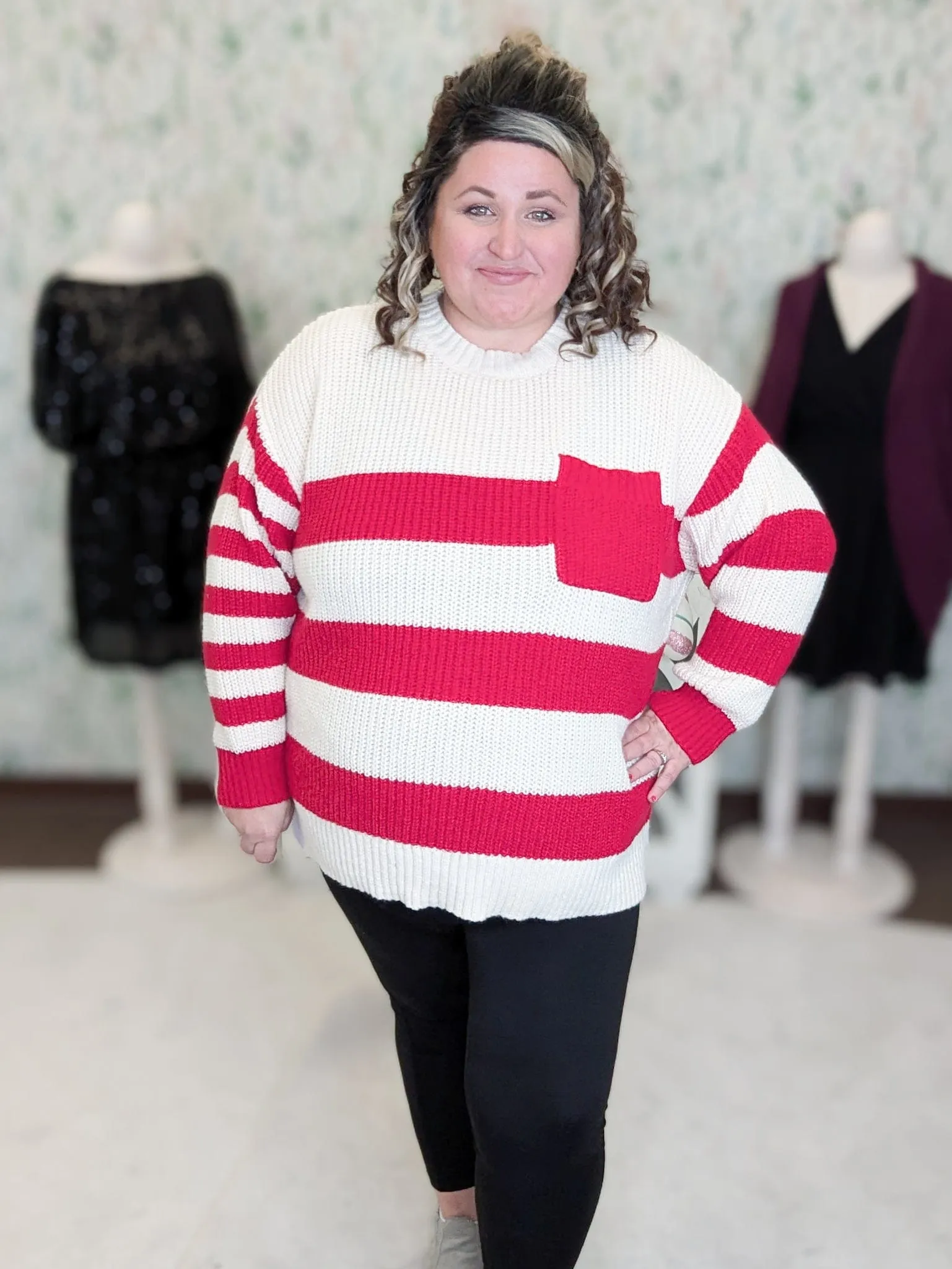 Alexandra Candy Cane Striped Sweater w/Pocket
