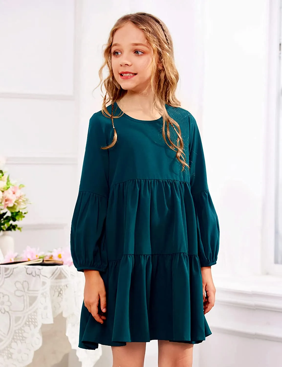 Arshiner Girls Dress Long Lantern Sleeve Loose Flowy Swing Dresses