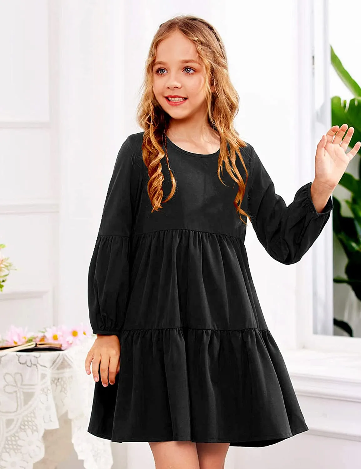 Arshiner Girls Dress Long Lantern Sleeve Loose Flowy Swing Dresses