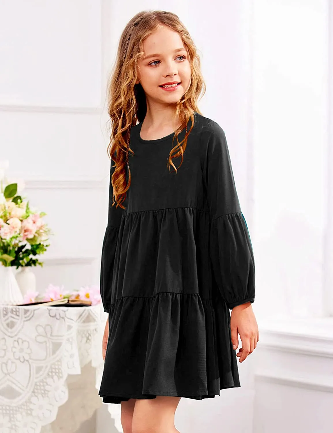 Arshiner Girls Dress Long Lantern Sleeve Loose Flowy Swing Dresses