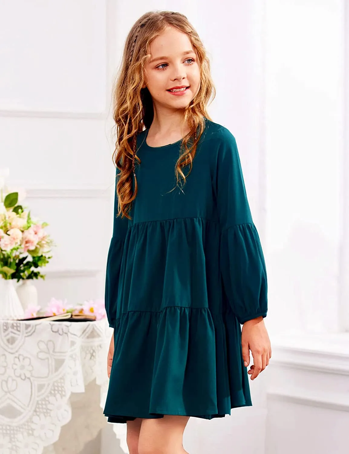 Arshiner Girls Dress Long Lantern Sleeve Loose Flowy Swing Dresses