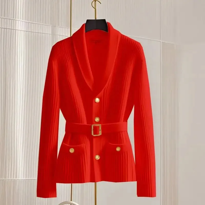 Autumn Winter Fashion Sashes Thick Warm Turn-down Collar Sweaters