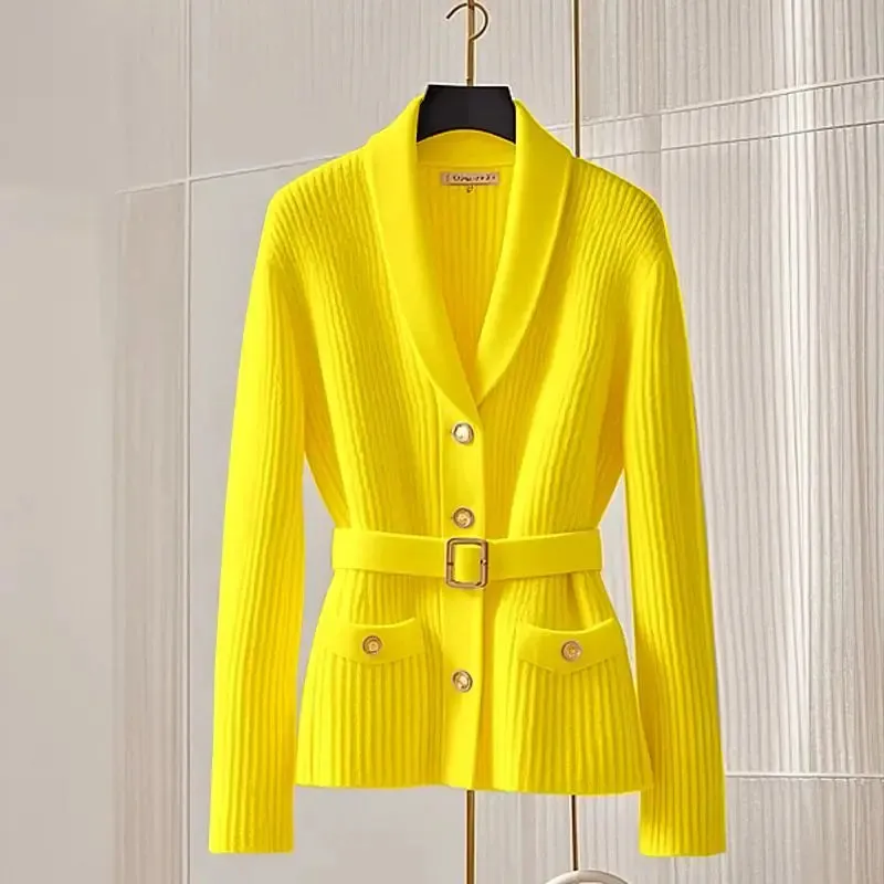 Autumn Winter Fashion Sashes Thick Warm Turn-down Collar Sweaters