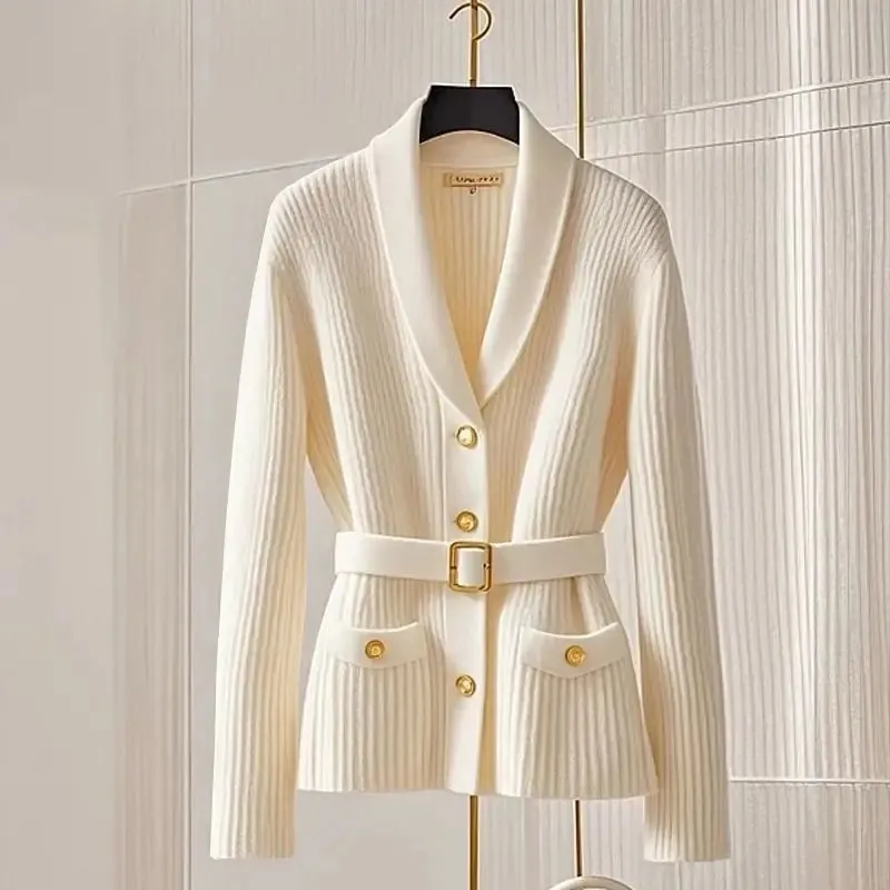 Autumn Winter Fashion Sashes Thick Warm Turn-down Collar Sweaters