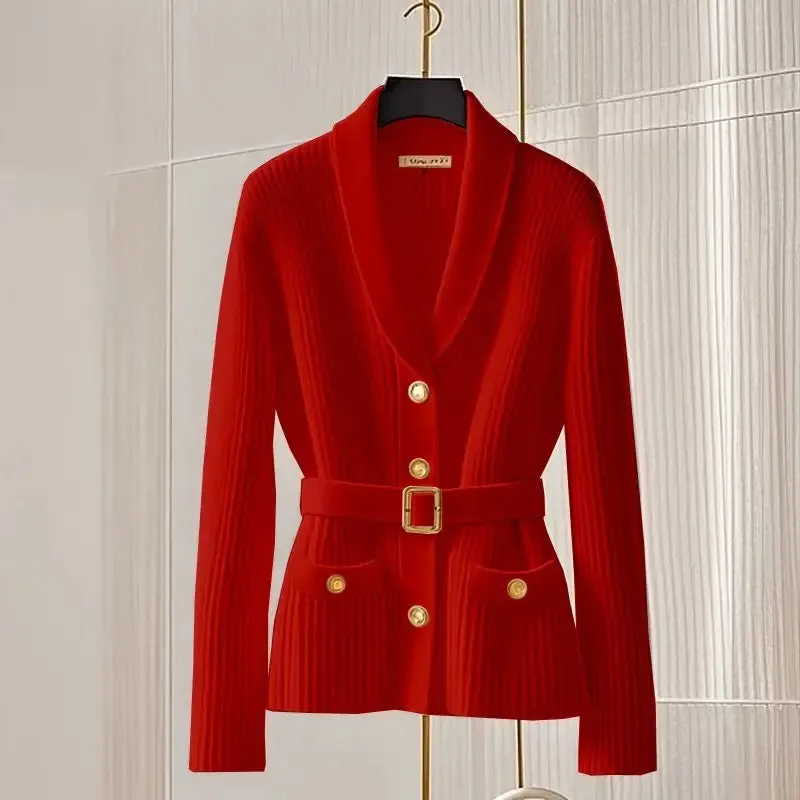 Autumn Winter Fashion Sashes Thick Warm Turn-down Collar Sweaters