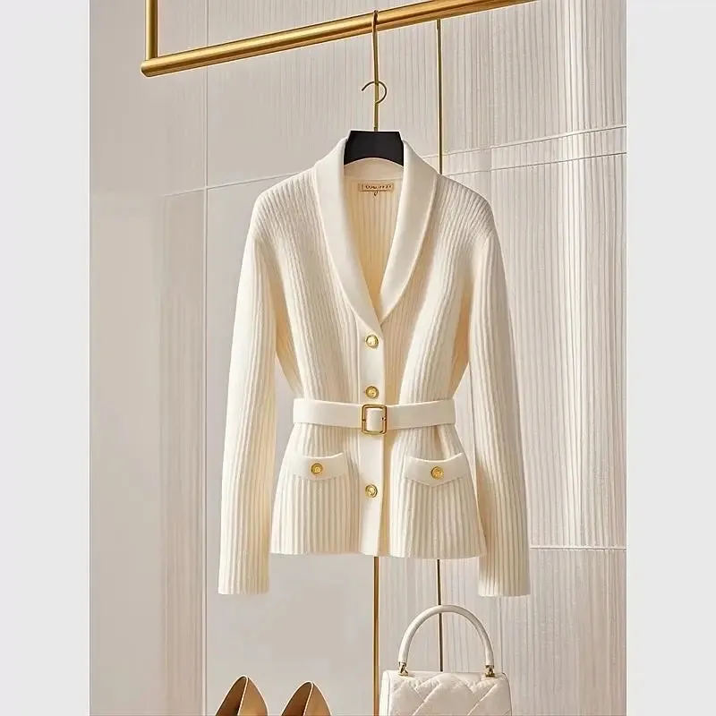 Autumn Winter Fashion Sashes Thick Warm Turn-down Collar Sweaters