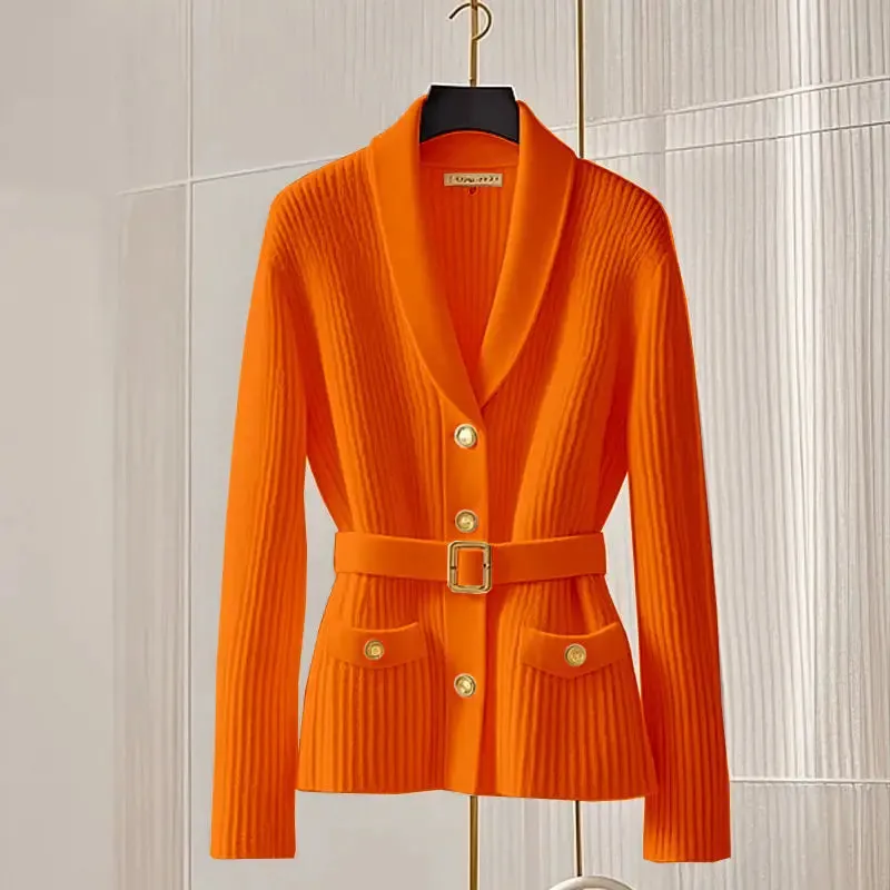 Autumn Winter Fashion Sashes Thick Warm Turn-down Collar Sweaters