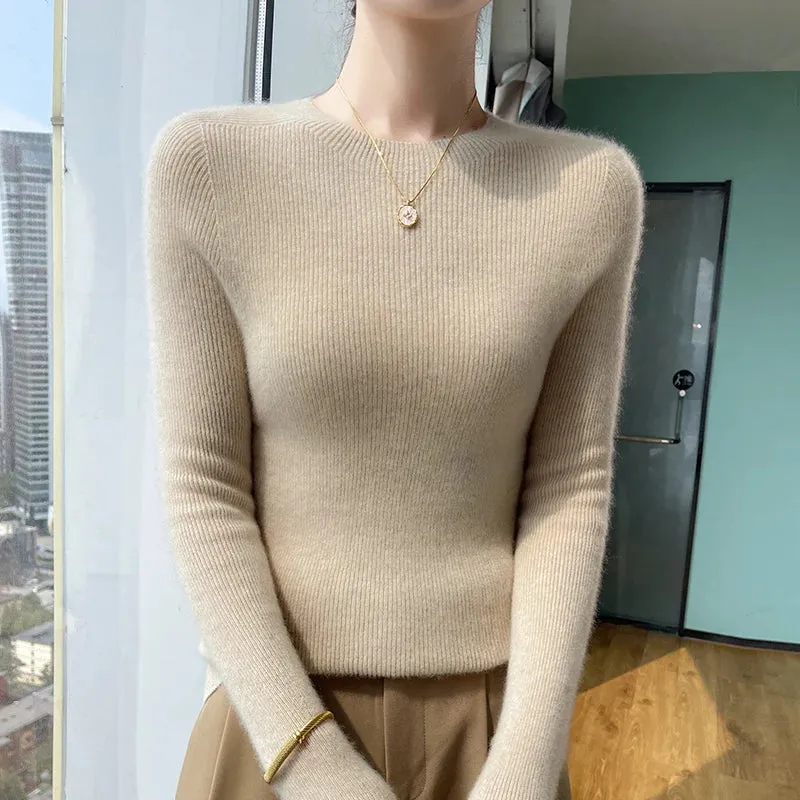 Autumn Winter New Women O-neck Solid Color Thick Pullover Cashmere Soft Slim Sweater