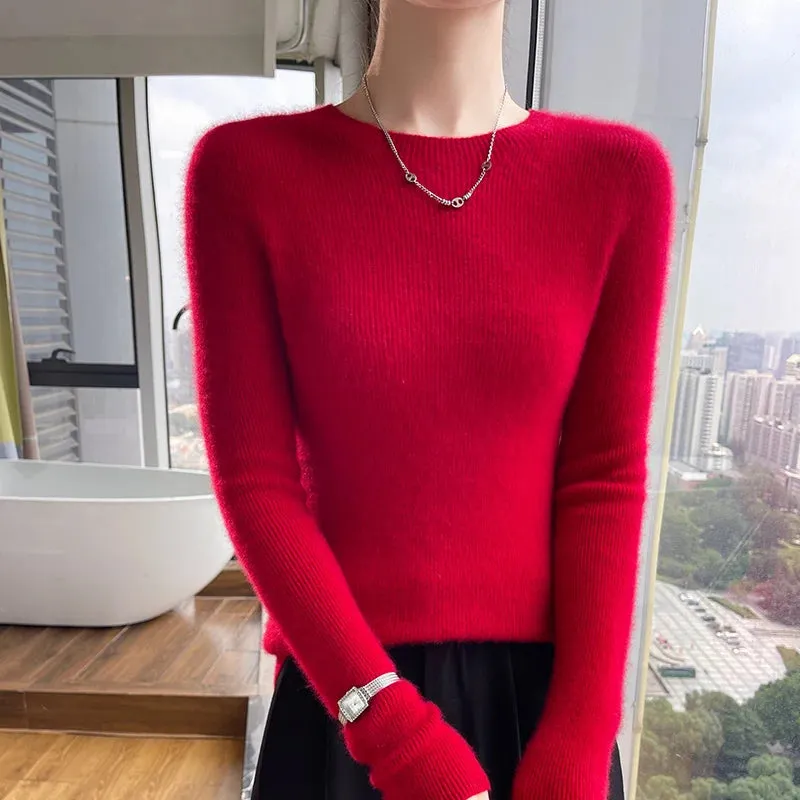 Autumn Winter New Women O-neck Solid Color Thick Pullover Cashmere Soft Slim Sweater