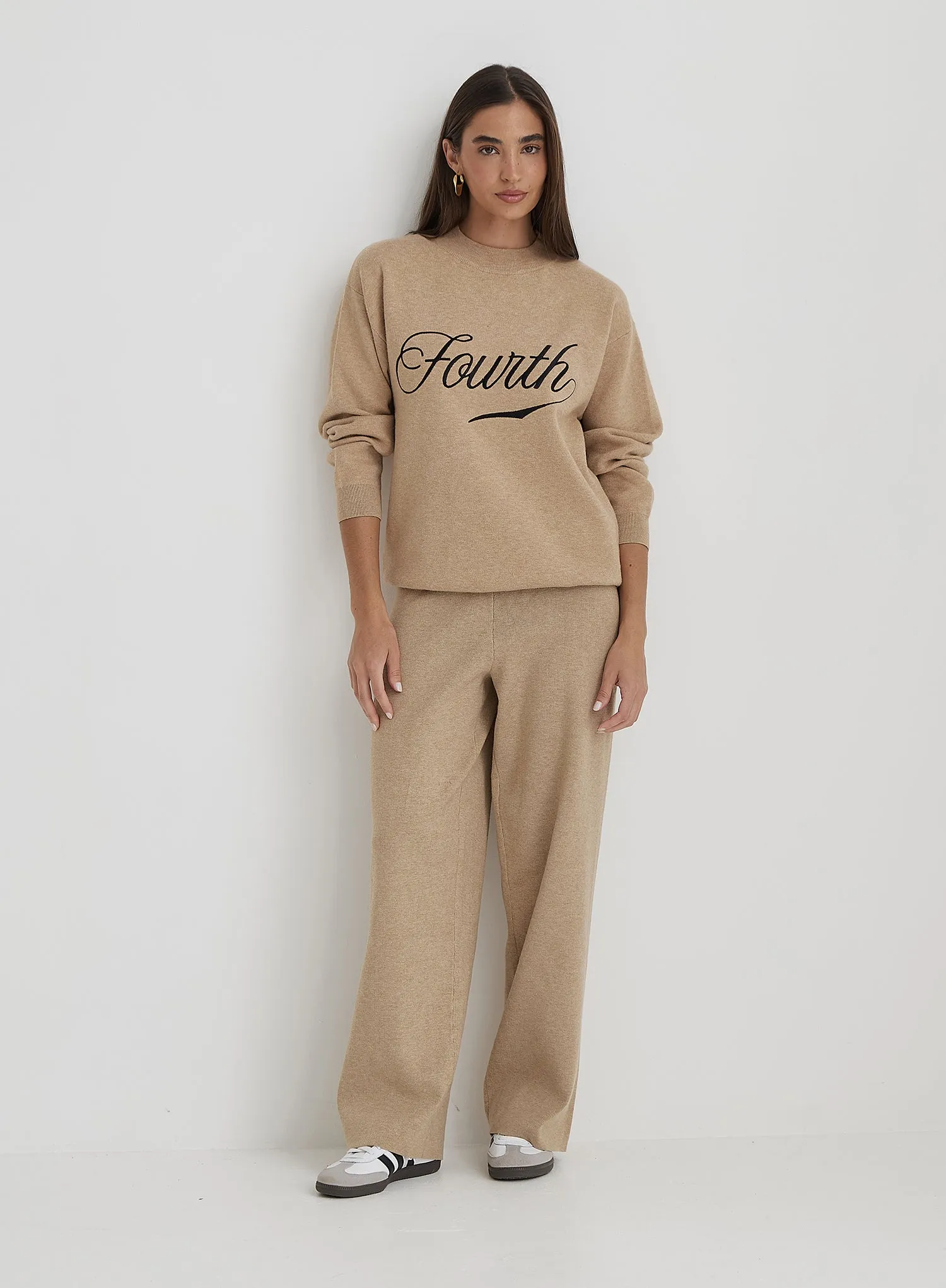 Beige Knitted Wide Leg Trouser- Cameron