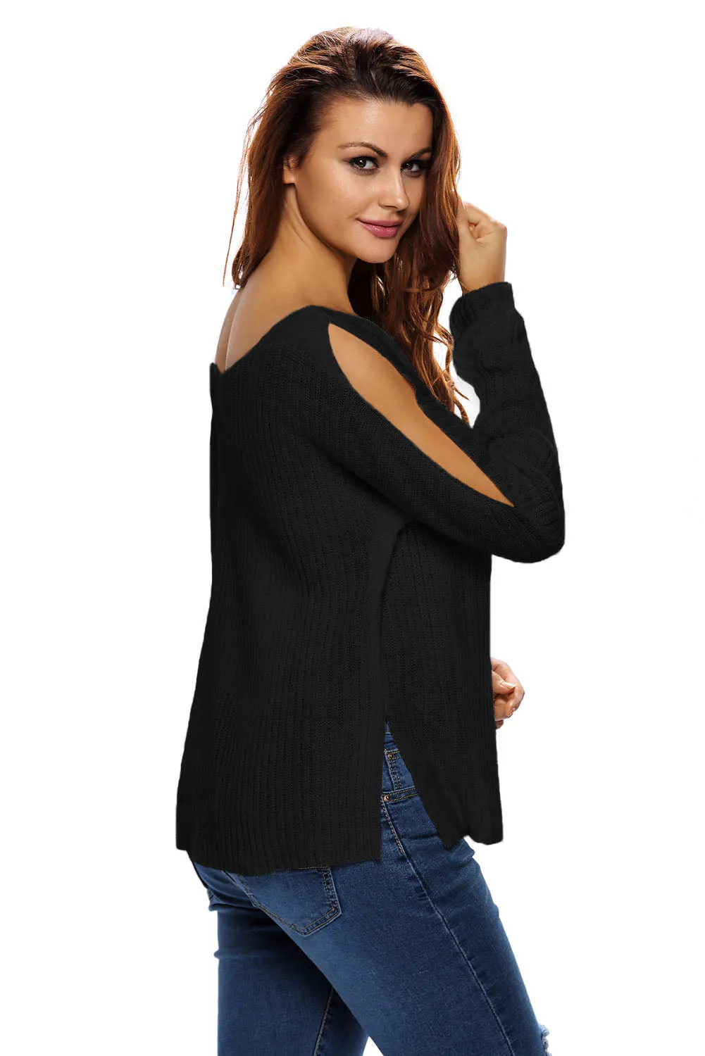 Black Long Sleeve Slit Arm and Side Ribbed Knit Top