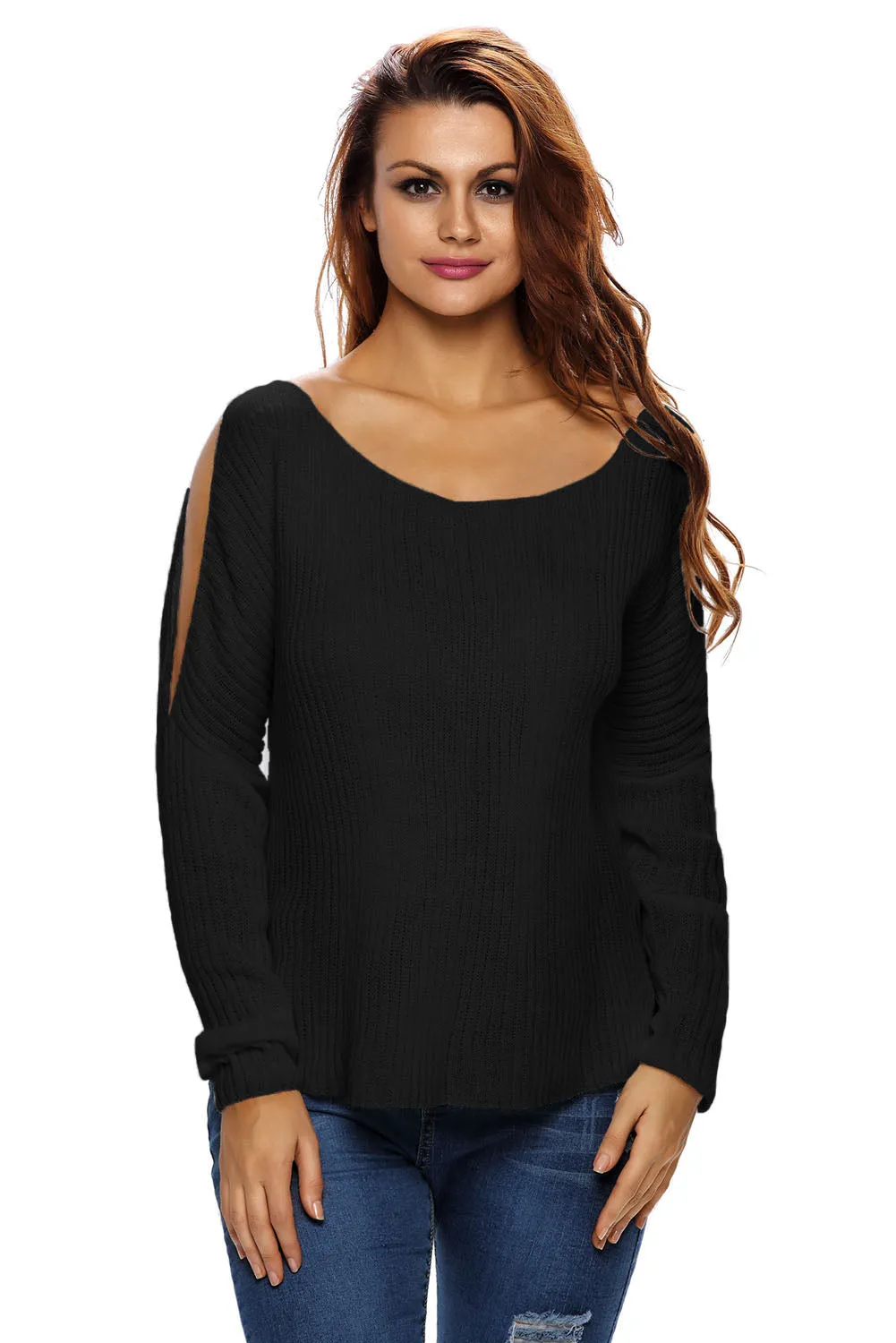 Black Long Sleeve Slit Arm and Side Ribbed Knit Top