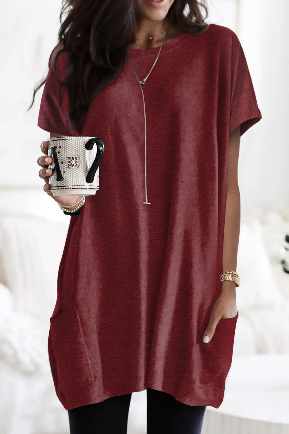 Black Side Pockets Short Sleeve Tunic Top