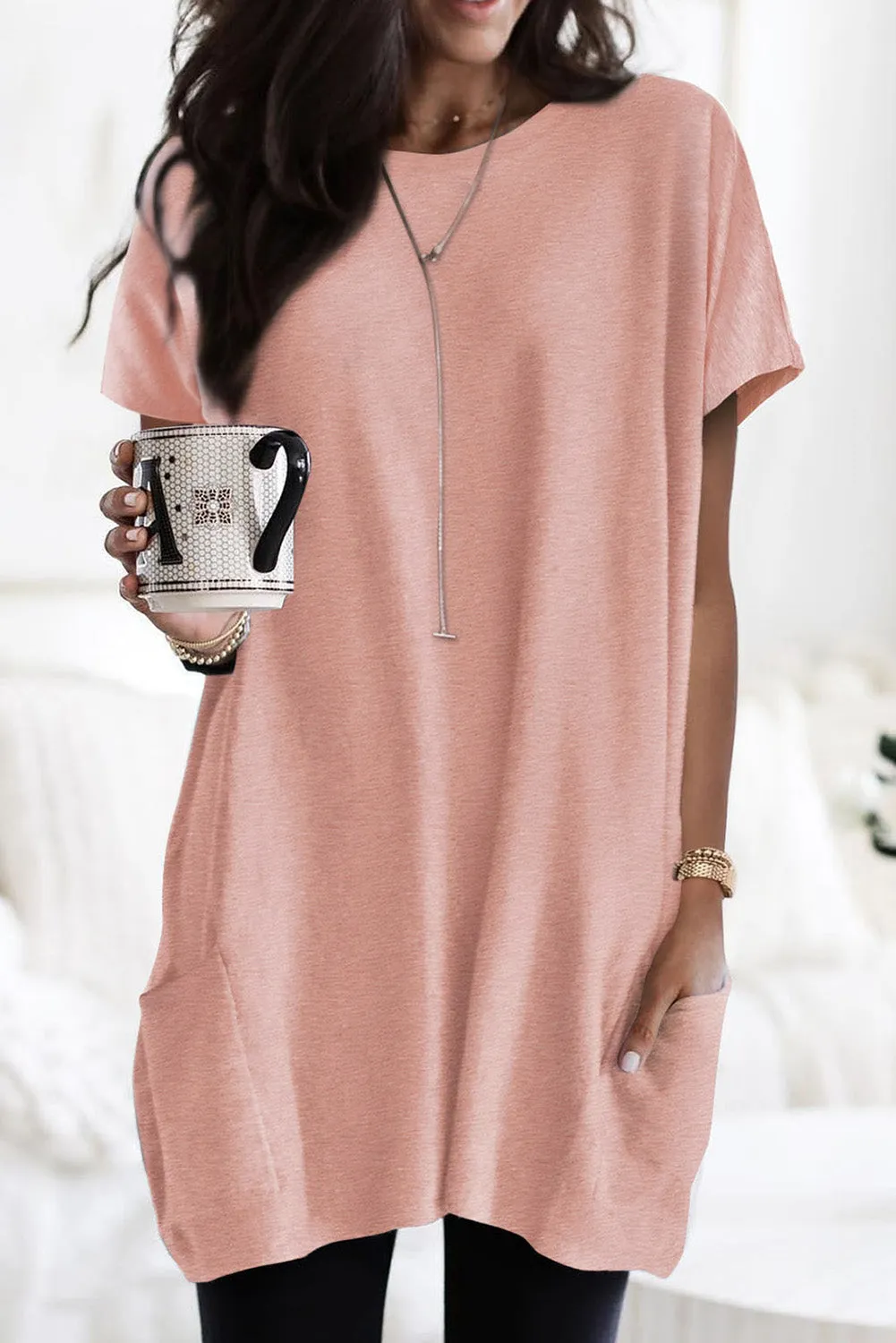 Black Side Pockets Short Sleeve Tunic Top