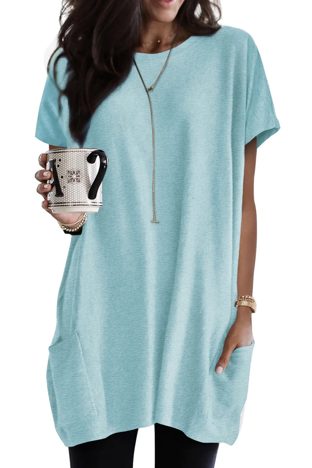 Black Side Pockets Short Sleeve Tunic Top