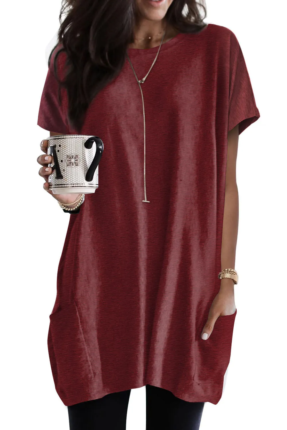 Black Side Pockets Short Sleeve Tunic Top