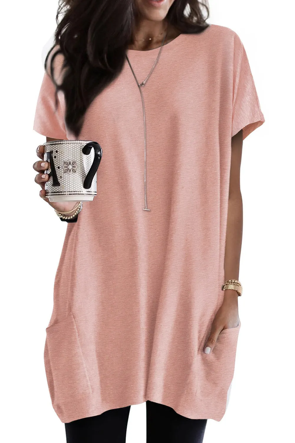 Black Side Pockets Short Sleeve Tunic Top