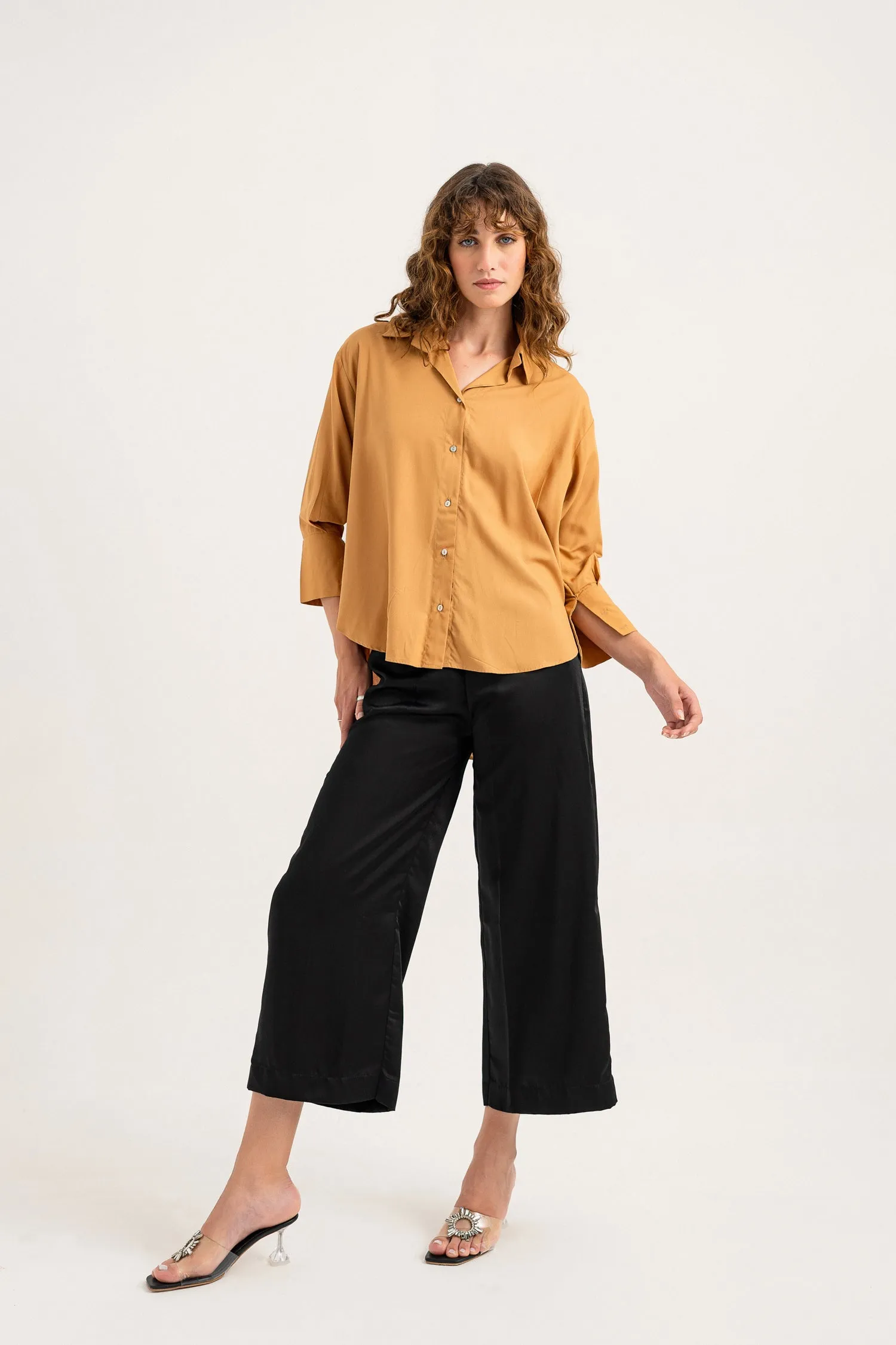 Black Wide Leg Mid Rise Trouser