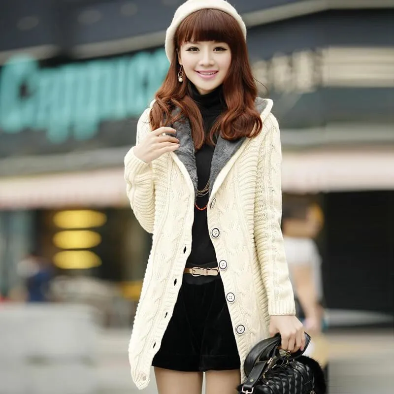 Cable Knitted Hooded Sweater Cardigan Coat