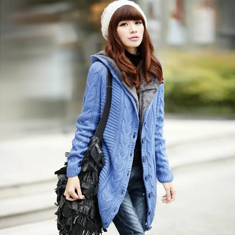 Cable Knitted Hooded Sweater Cardigan Coat