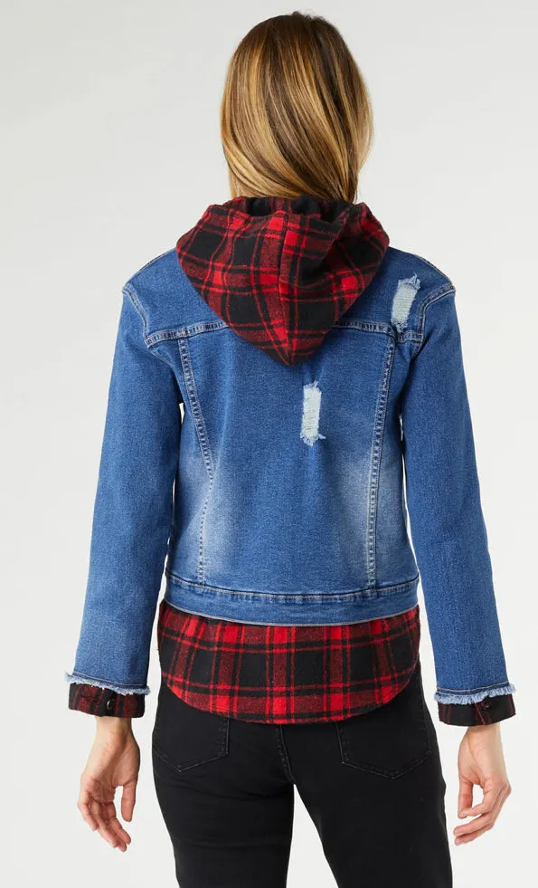 Coco   Carmen OMG Hooded Denim Jacket with Plaid Trim
