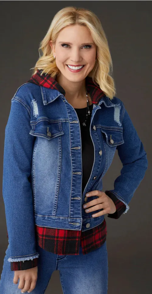 Coco   Carmen OMG Hooded Denim Jacket with Plaid Trim