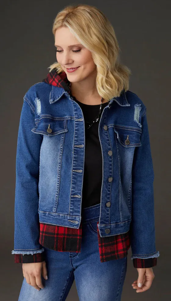Coco   Carmen OMG Hooded Denim Jacket with Plaid Trim