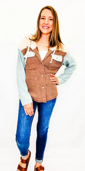 Cream, Mocha & Blue Ribbed Hooded Jacket