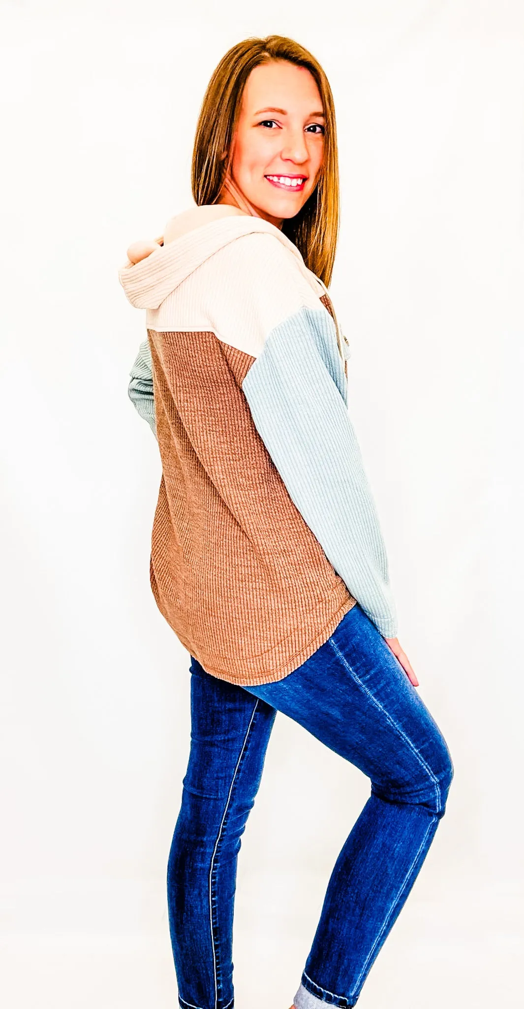 Cream, Mocha & Blue Ribbed Hooded Jacket
