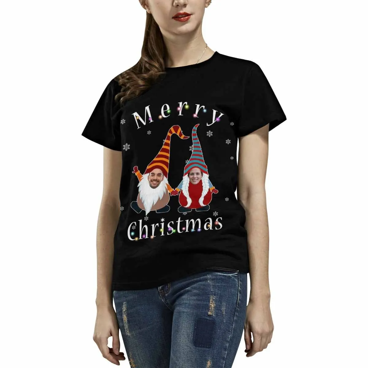 Custom Face Tee Christmas Couple Women's All Over Print T-shirt Your Face on A Shirt