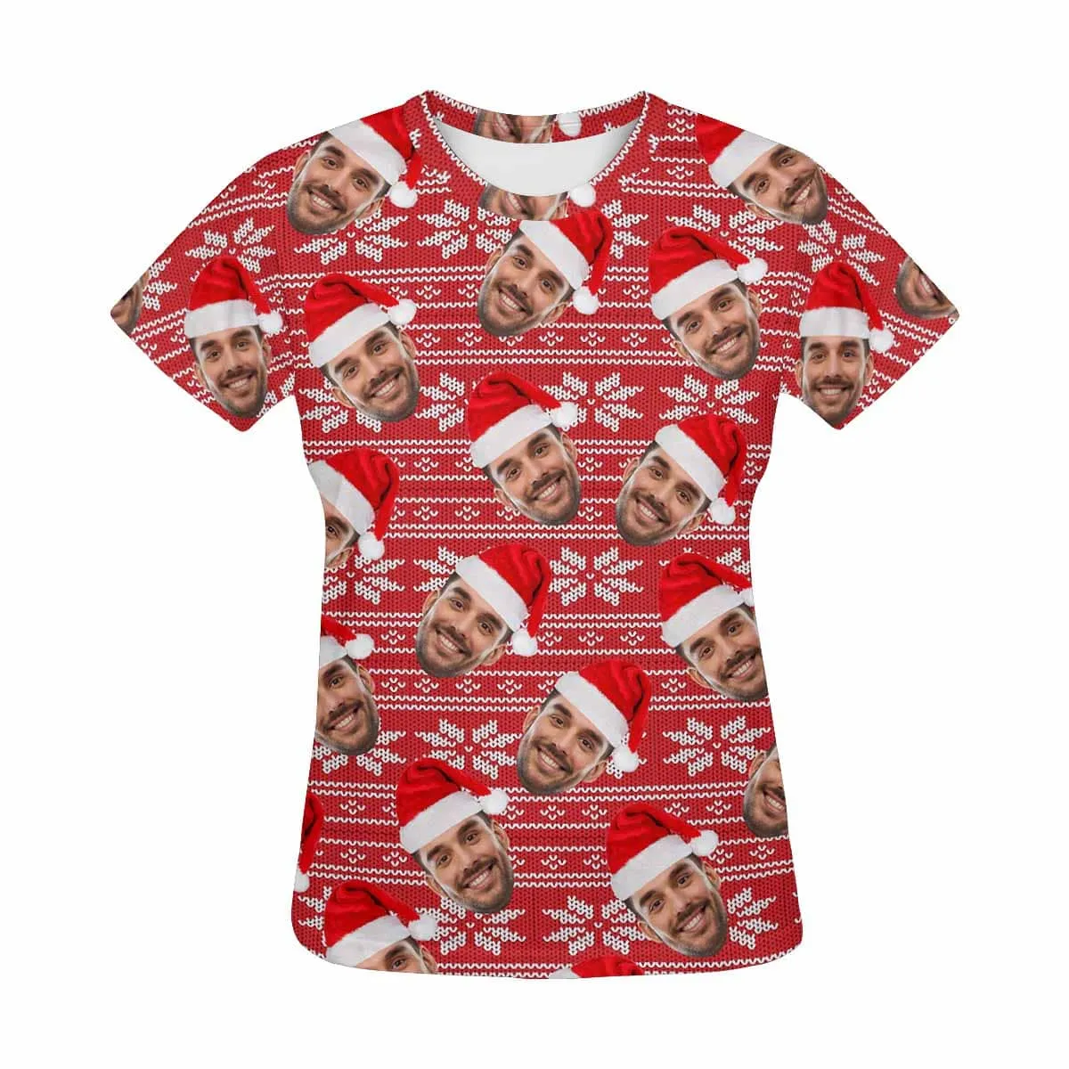 Custom Face Tee Red Background Christmas Hat Women's All Over Print T-shirt Design Your Own Shirts Gift for Christmas