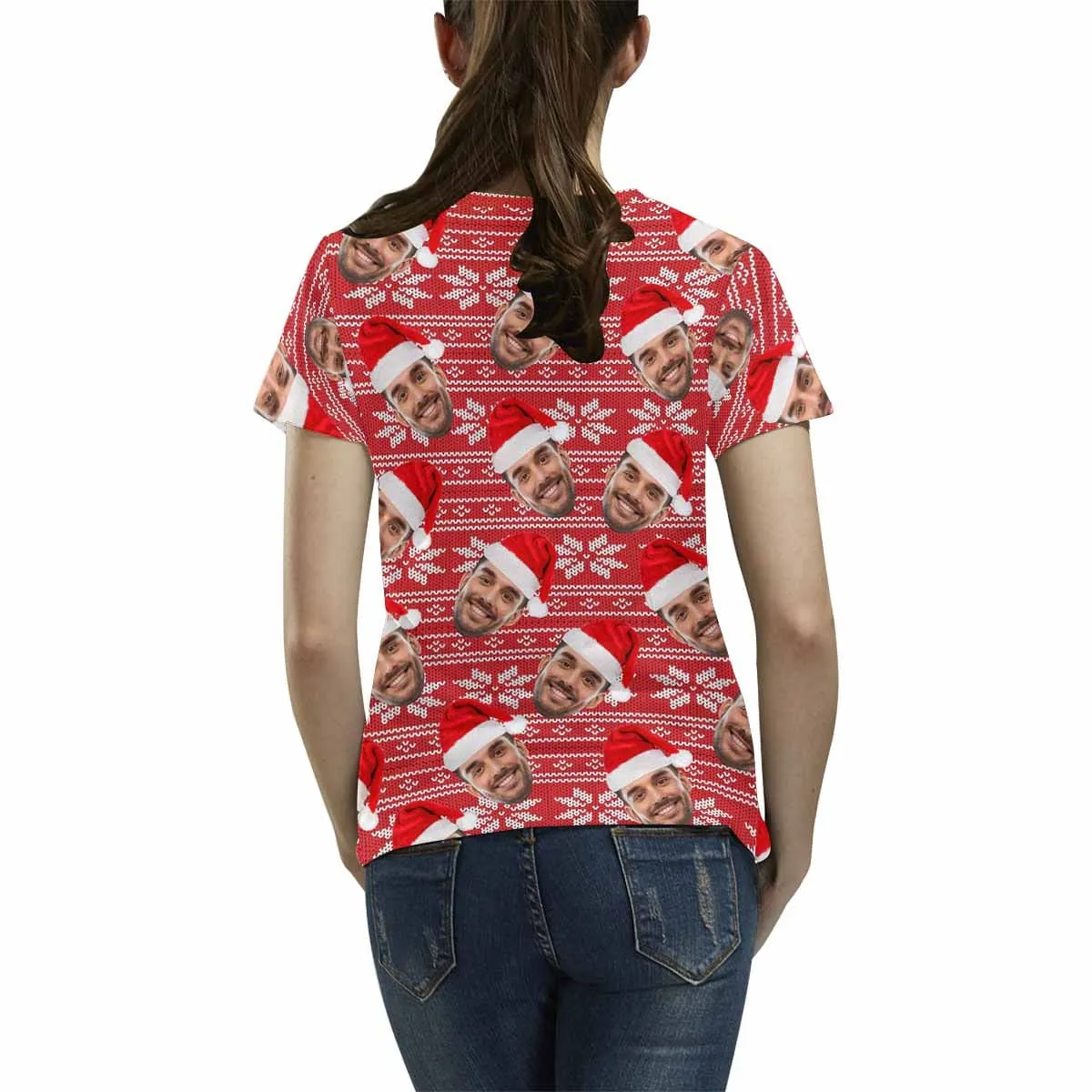 Custom Face Tee Red Background Christmas Hat Women's All Over Print T-shirt Design Your Own Shirts Gift for Christmas