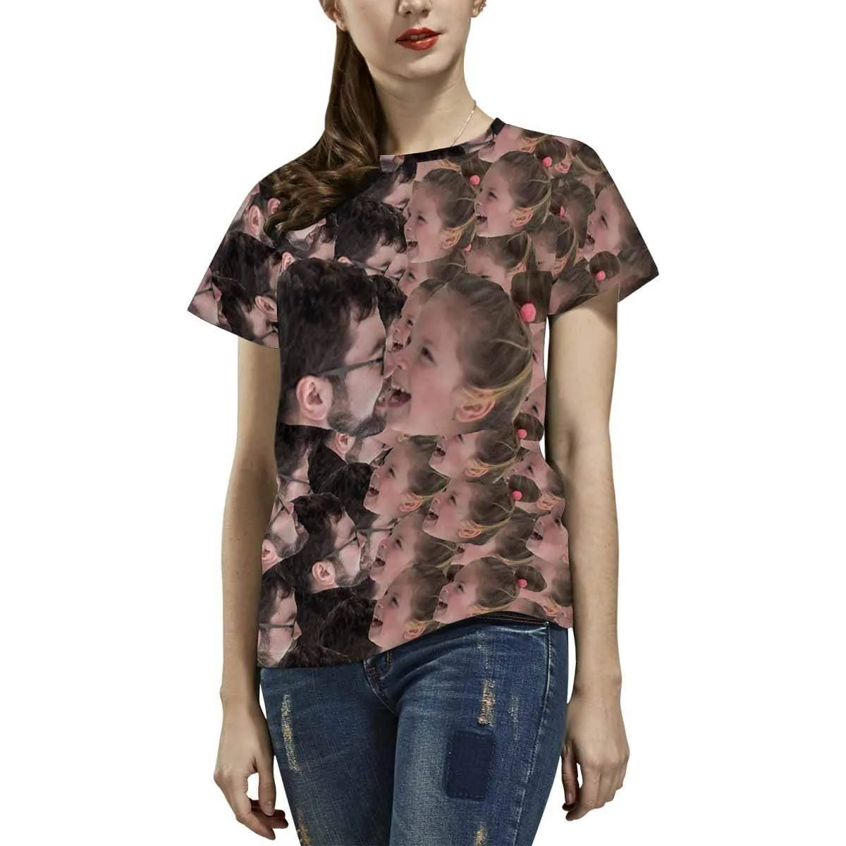 Custom Father&Daughter Face Shirt Women's All Over Print T-shirt Graphic Design Tee for Mother's Day
