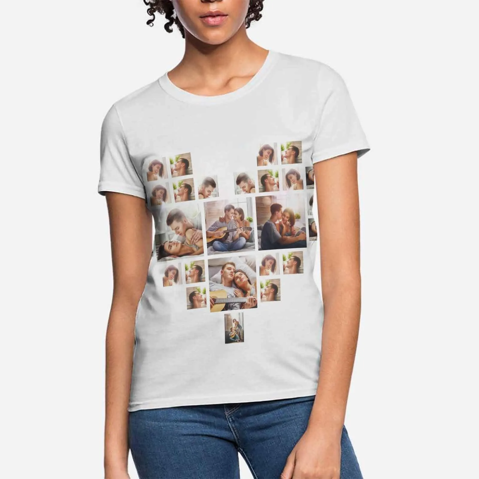 Custom Photo Heart Shirts Personalized Women's All Over Print T-shirt Gifts for Birthday Holidays Anniversary