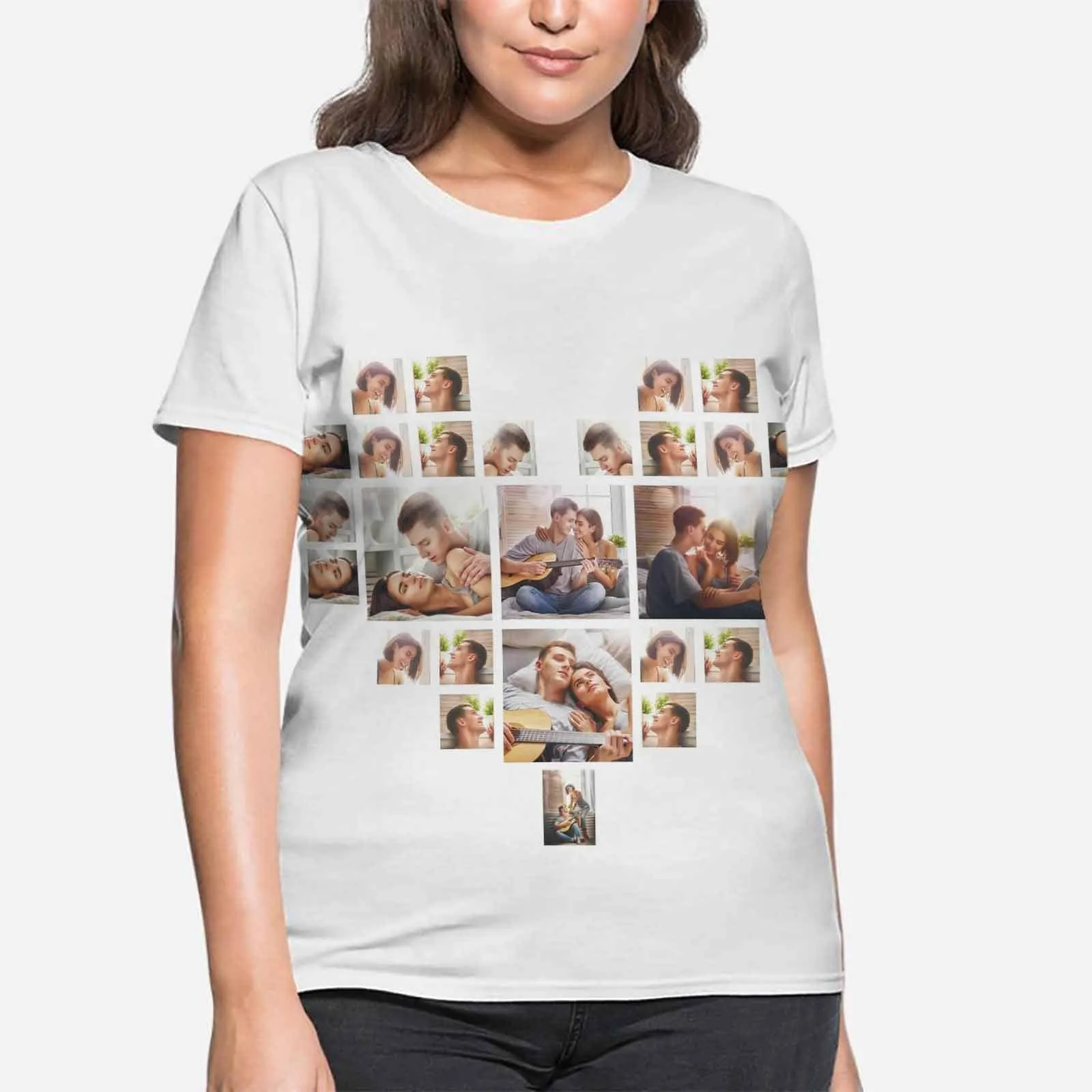 Custom Photo Heart Shirts Personalized Women's All Over Print T-shirt Gifts for Birthday Holidays Anniversary