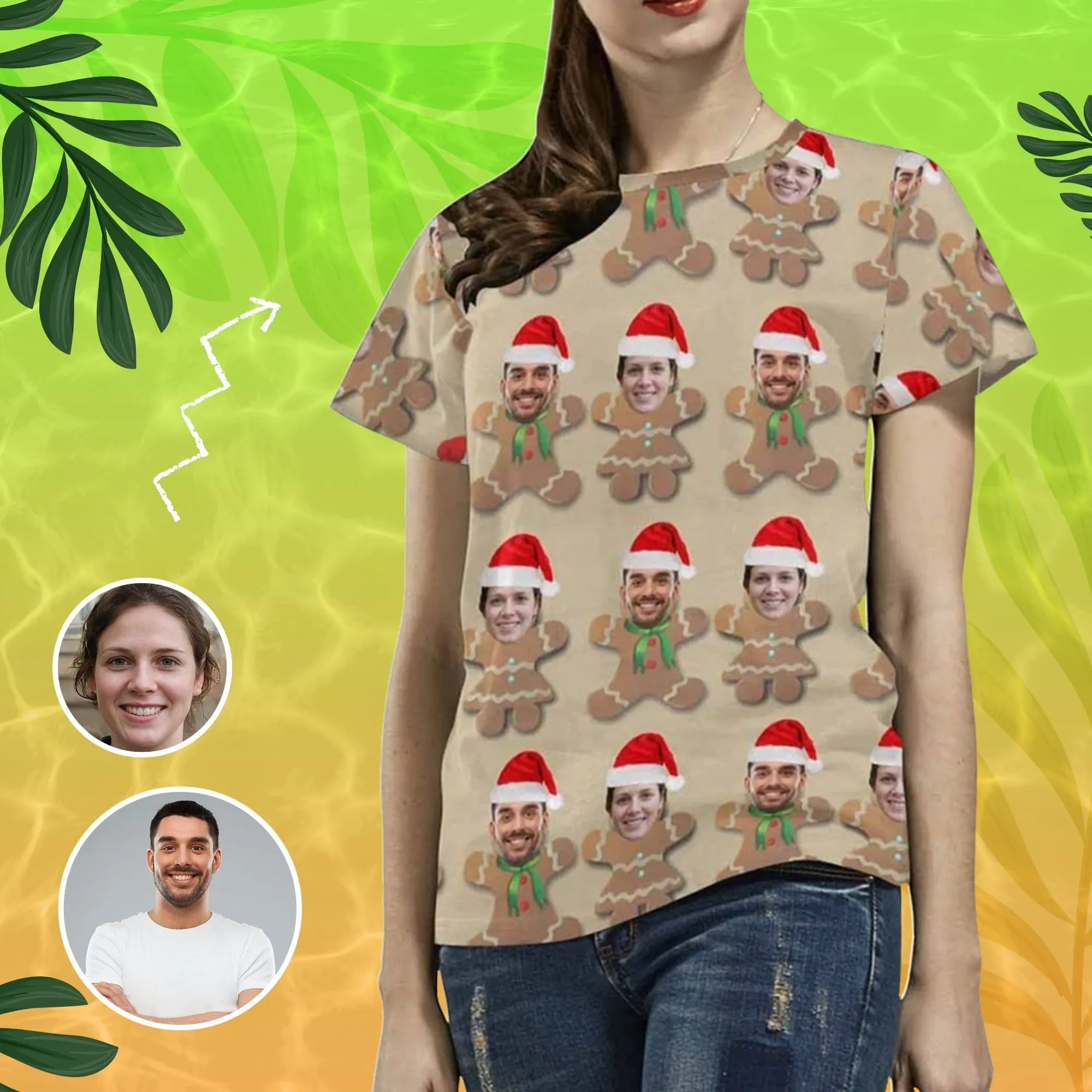 Custom Shirts with Faces Christmas Biscuits Couple Women's All Over Print T-shirt Design Your Own Shirts Gift for Female