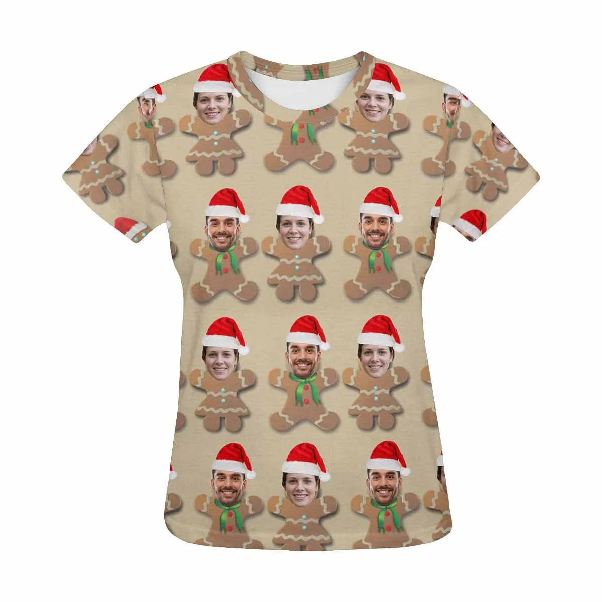Custom Shirts with Faces Christmas Biscuits Couple Women's All Over Print T-shirt Design Your Own Shirts Gift for Female