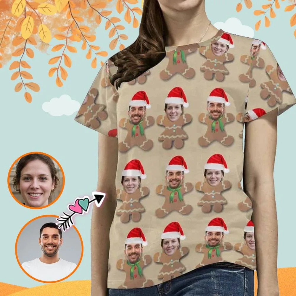 Custom Shirts with Faces Christmas Biscuits Couple Women's All Over Print T-shirt Design Your Own Shirts Gift for Female