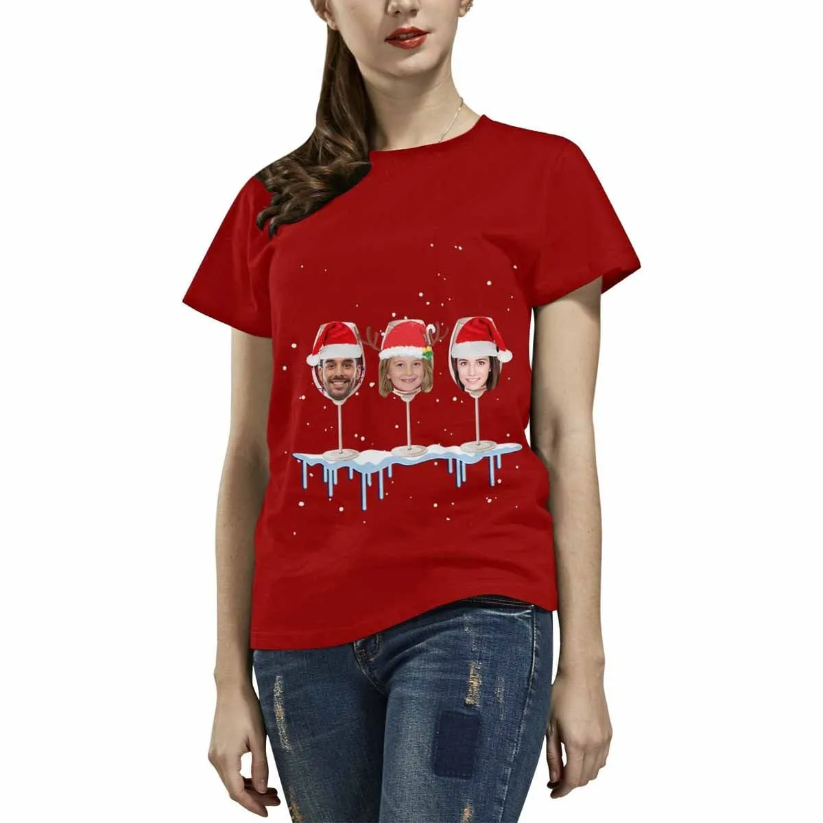 Custom Your Face on A Shirt Christmas Wine Cup Women's All Over Print T-shirt Gift for Xmas