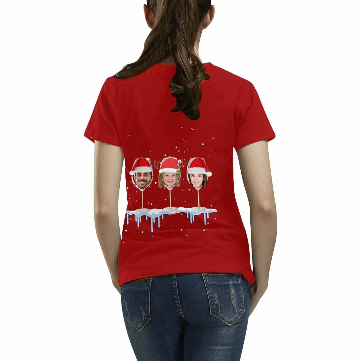 Custom Your Face on A Shirt Christmas Wine Cup Women's All Over Print T-shirt Gift for Xmas