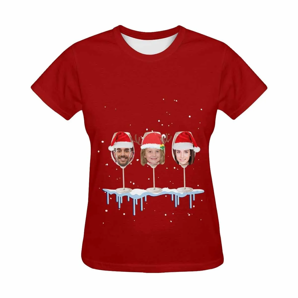 Custom Your Face on A Shirt Christmas Wine Cup Women's All Over Print T-shirt Gift for Xmas