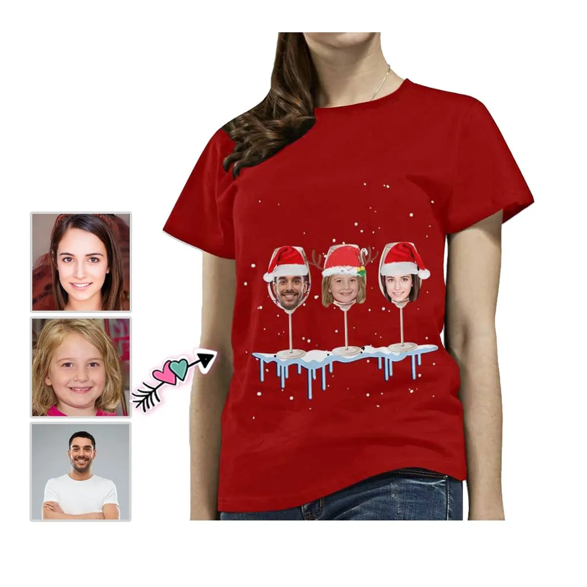 Custom Your Face on A Shirt Christmas Wine Cup Women's All Over Print T-shirt Gift for Xmas