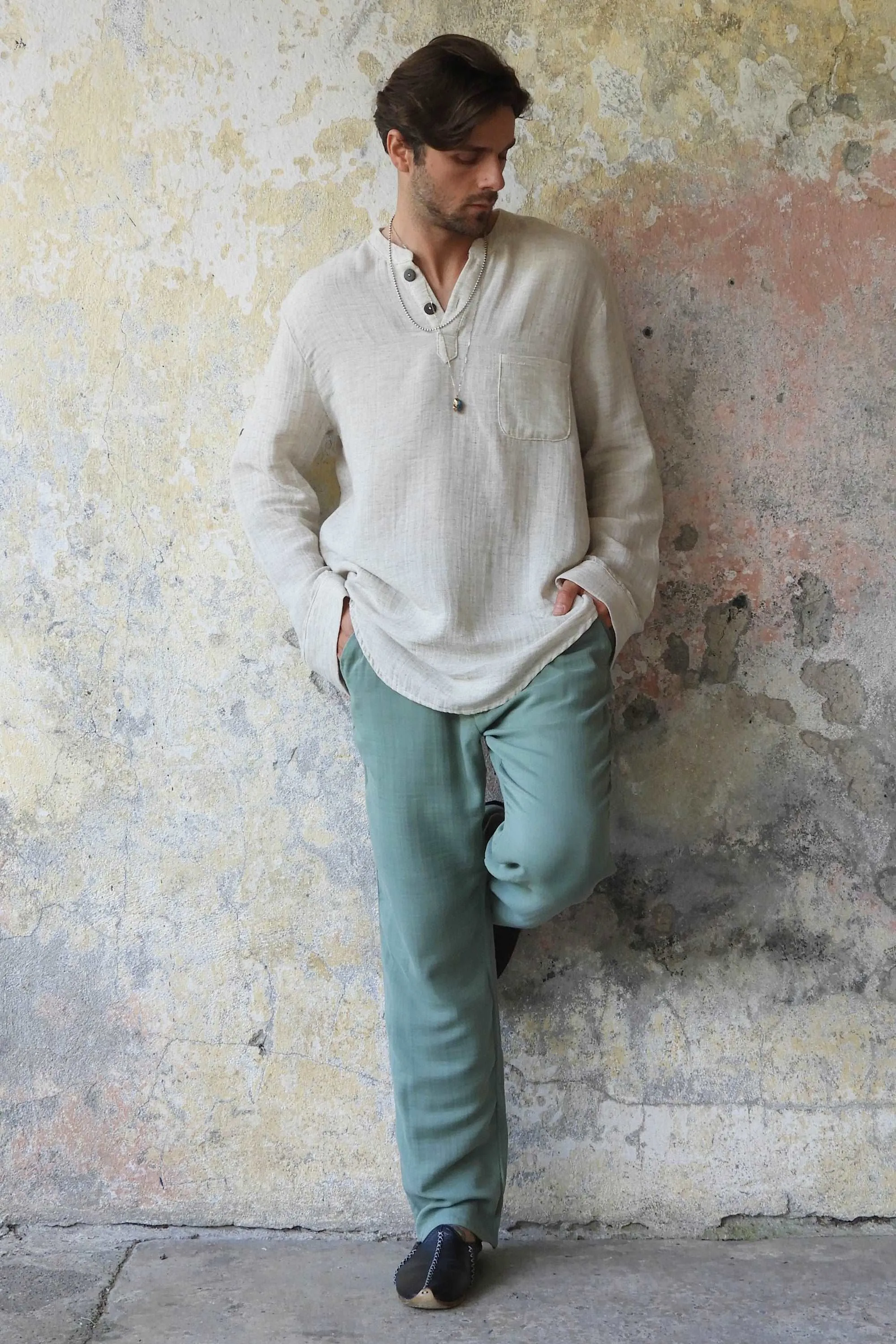 DUNE Men's Organic Gauze Cotton Pants (Black, Sage Green)