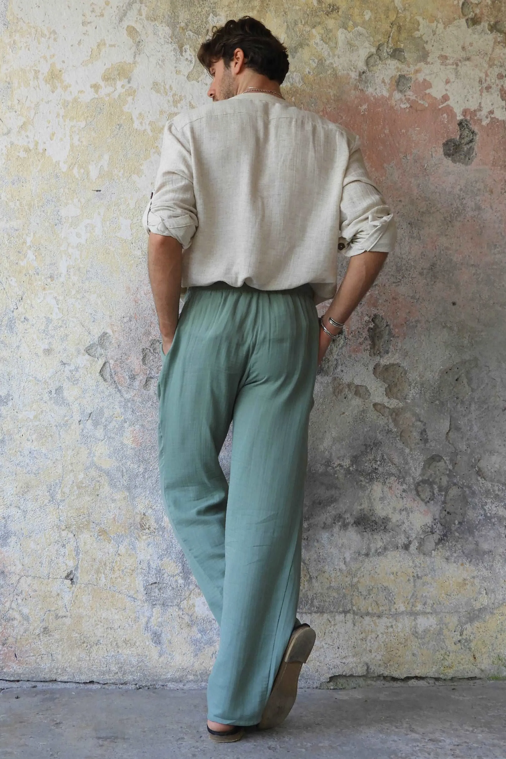 DUNE Men's Organic Gauze Cotton Pants (Black, Sage Green)