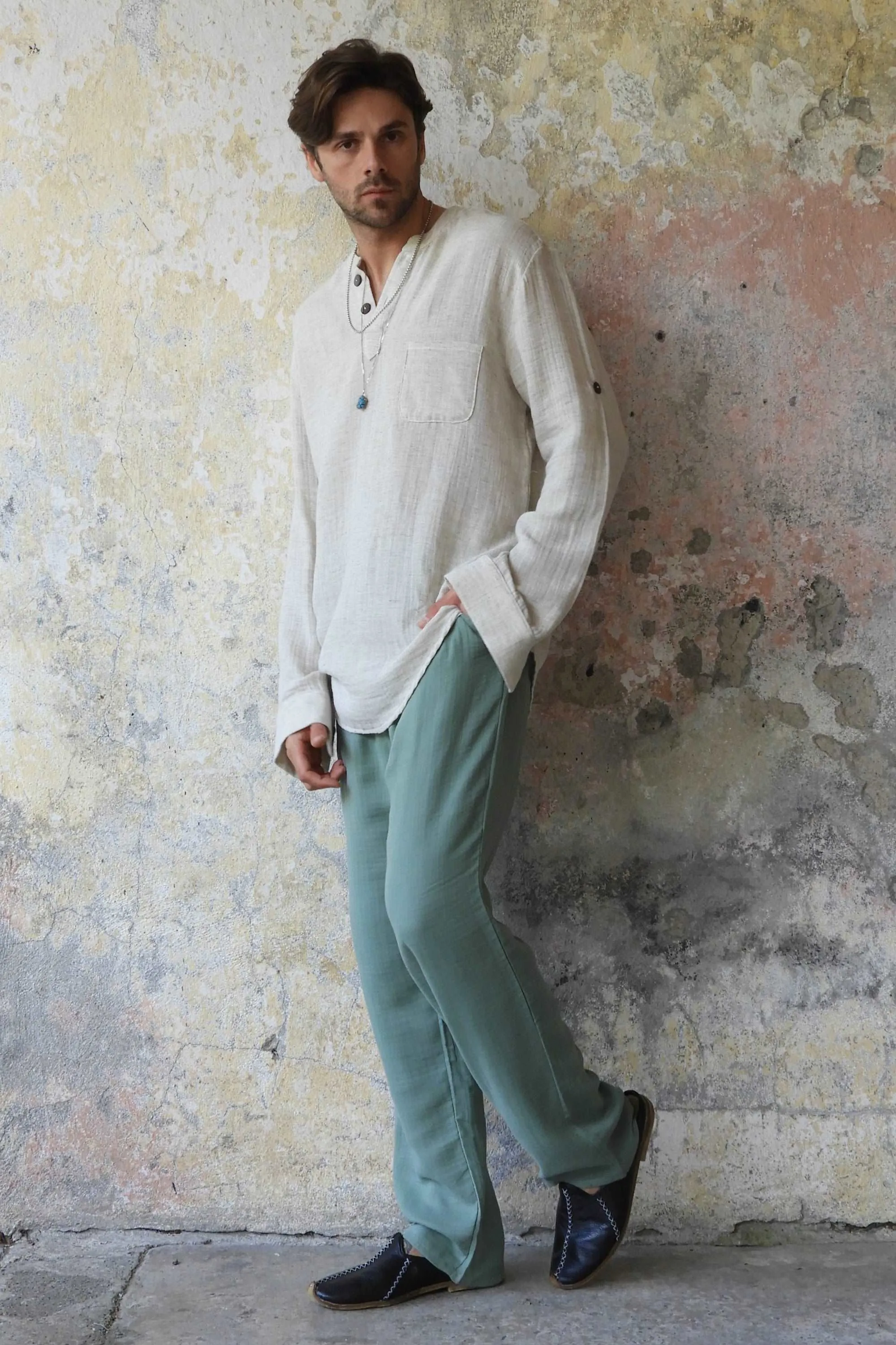 DUNE Men's Organic Gauze Cotton Pants (Black, Sage Green)