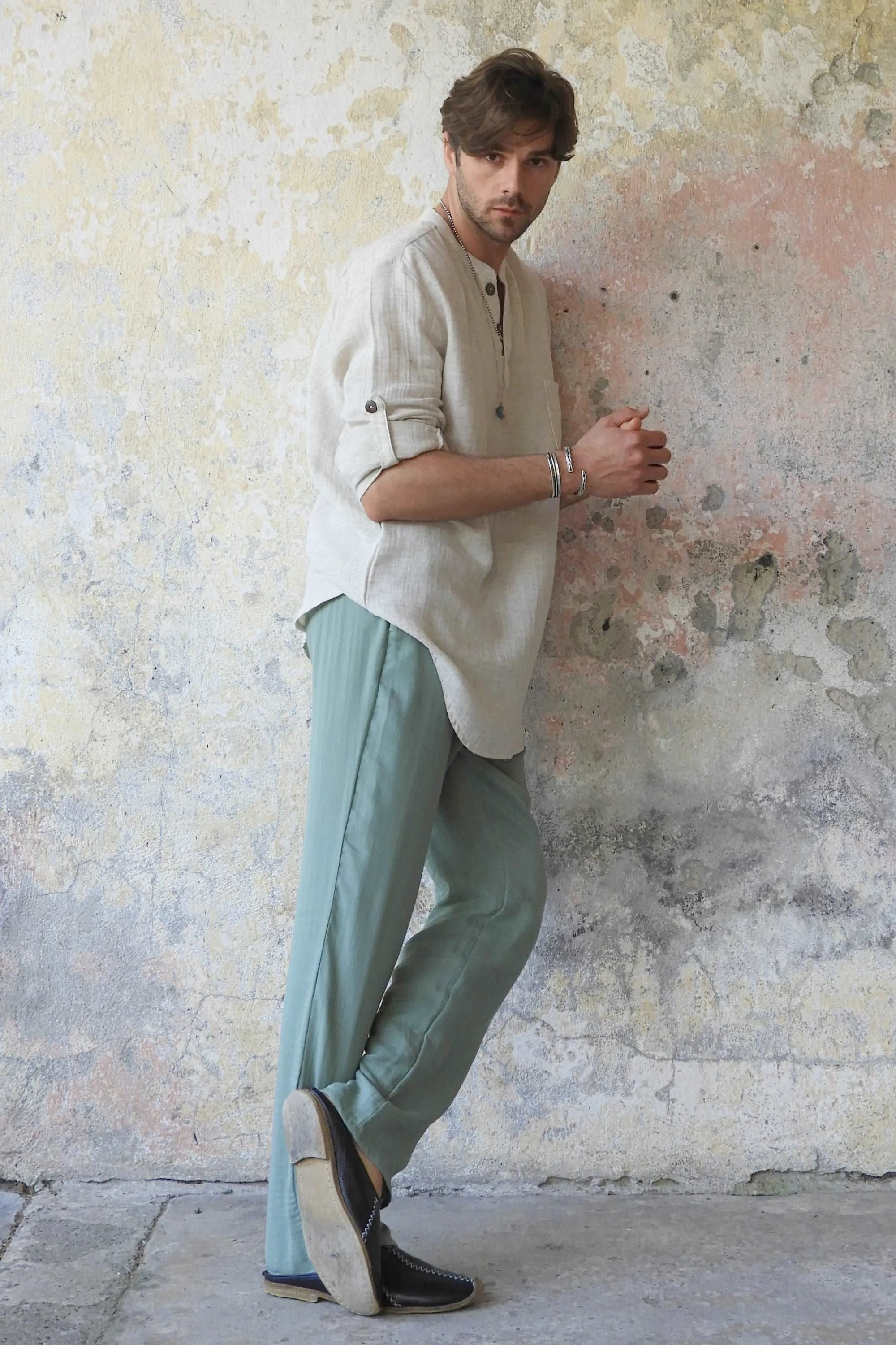 DUNE Men's Organic Gauze Cotton Pants (Black, Sage Green)