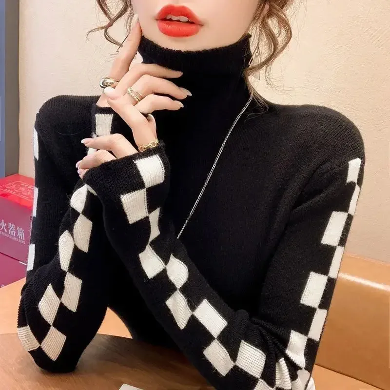 Flag Check Sleeve Design Black Turtleneck Sweaters - Ailime Designs