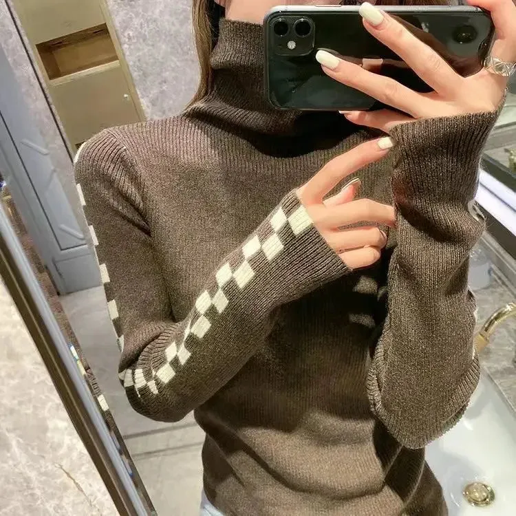 Flag Check Sleeve Design Black Turtleneck Sweaters - Ailime Designs