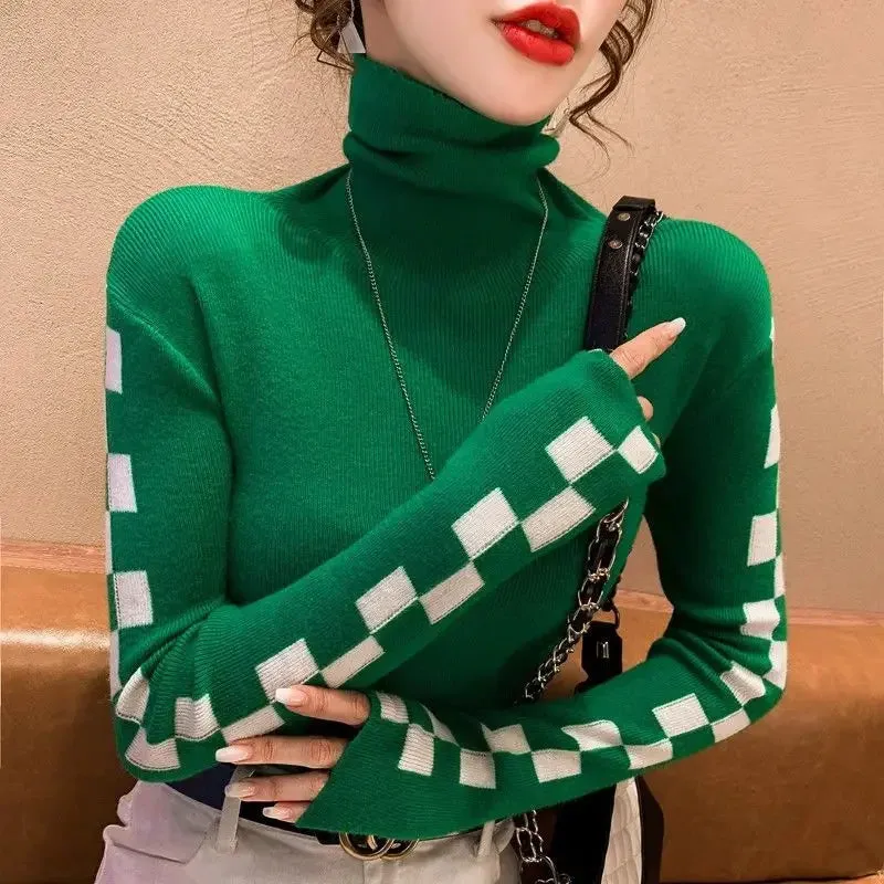 Flag Check Sleeve Design Black Turtleneck Sweaters - Ailime Designs