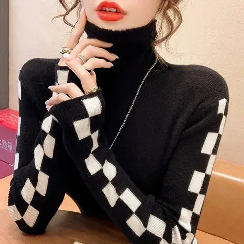 Flag Check Sleeve Design Black Turtleneck Sweaters - Ailime Designs